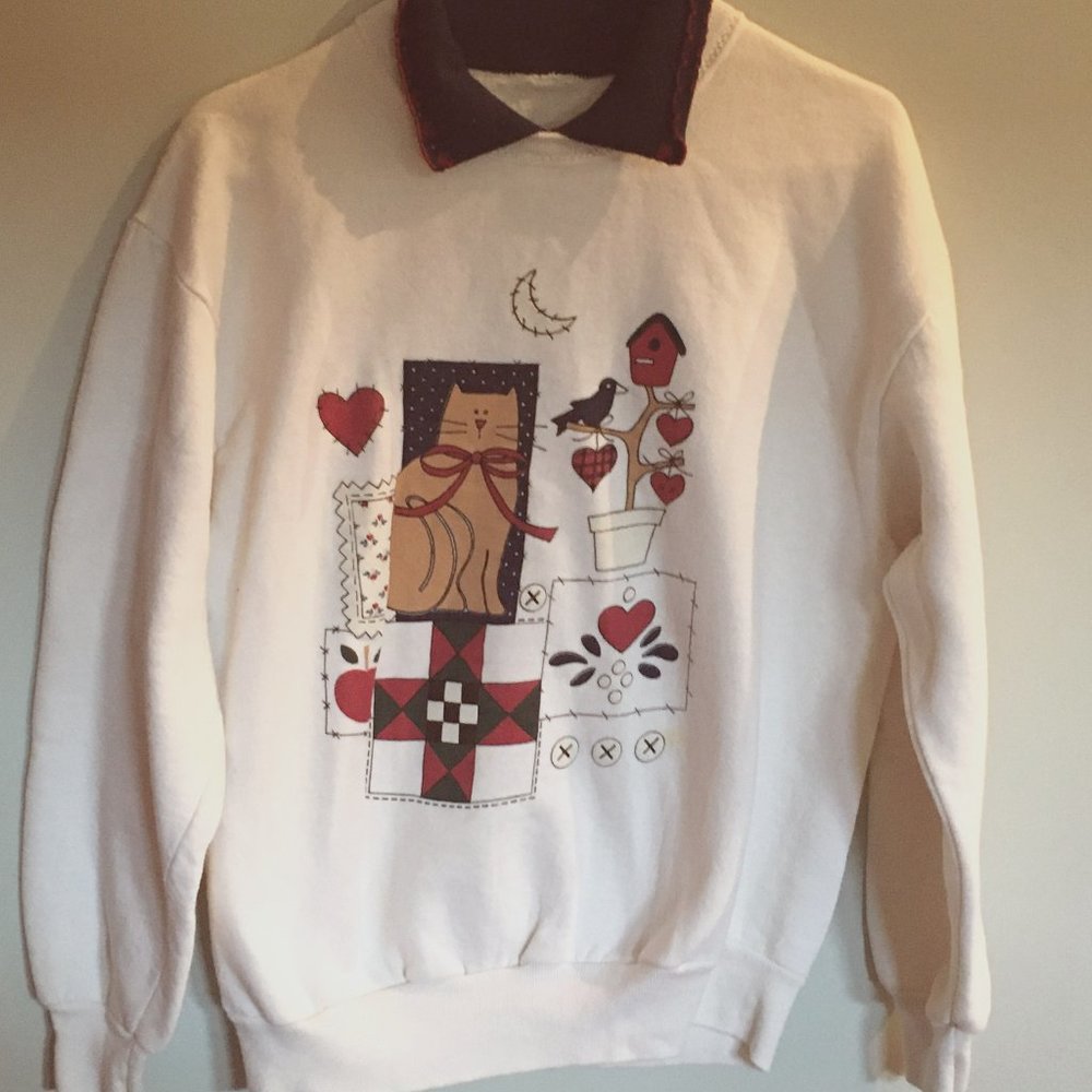 Vintage Cat Quilted Patchwork design collared Grandma Sweatshirt Retro 90's